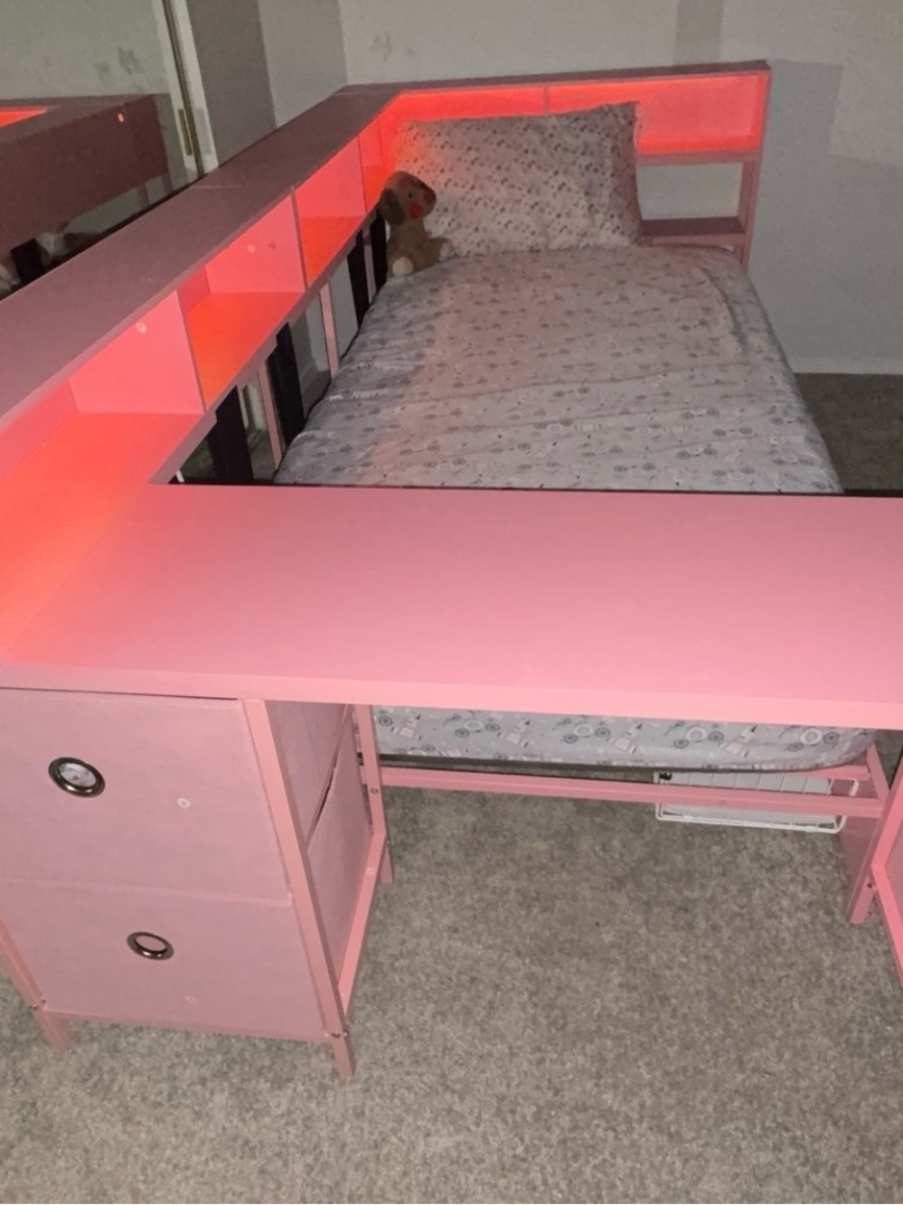 Amazon Pink Corner Storage Bed with LED Shelf Lighting , mattress included